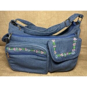 Vtg Denim Y2K Crossbody Embroidered Flowers Cargo Pockets Boho Jean Purse 90s